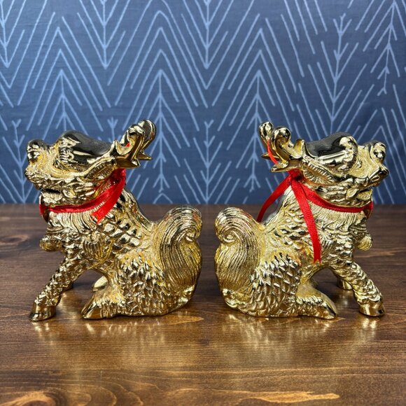 Gold Pixiu Statues Feng Shui Decor Pair of Chinese Dragon Lion Guardian Figures - Picture 7 of 14